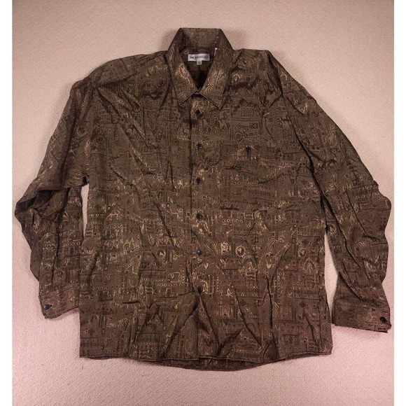 Montello Shirt Mens Large L Geometric Brown Button Up Collared‎ Polyester Blend - Picture 1 of 12